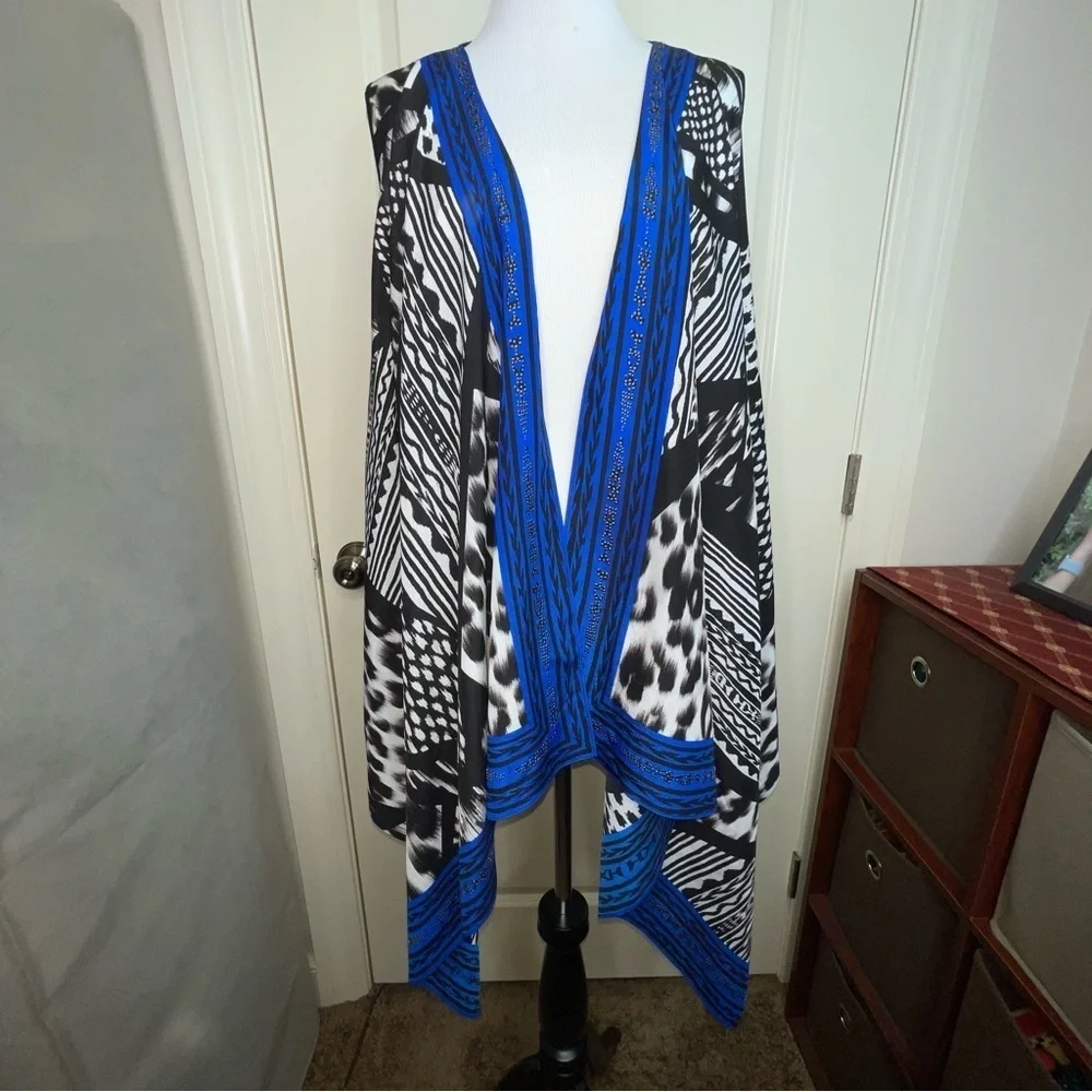 Chico’s Kimono Caftan Jacket Vest Cover Up Blue One Size L